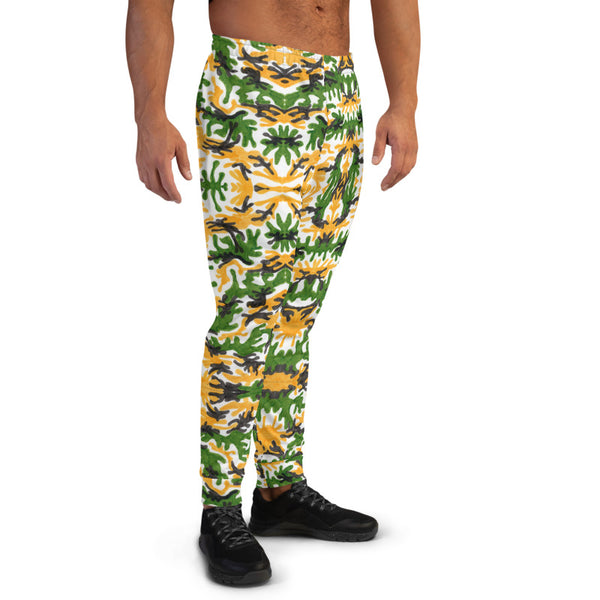 Green Yellow Camo Men's Joggers, Camouflage Army Print Best Designer Abstract Sweatpants For Men, Modern Slim-Fit Designer Ultra Soft & Comfortable Men's Joggers, Men's Jogger Pants-Made in EU/MX (US Size: XS-3XL)
