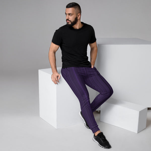 Purple Striped Men's Joggers, Dark Stripes Modern Premium Quality Best Designer Abstract Sweatpants For Men, Modern Slim-Fit Designer Ultra Soft & Comfortable Men's Joggers, Men's Jogger Pants-Made in EU/MX (US Size: XS-3XL)