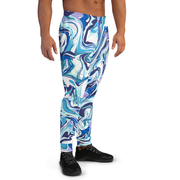 Blue Abstract Designer Men's Joggers, Marbled Abstract Print Sweatpants For Men, Modern Slim-Fit Designer Ultra Soft & Comfortable Men's Joggers, Men's Jogger Pants-Made in EU/MX (US Size: XS-3XL) Marble Joggers, Performance Jogger Pants For Men 