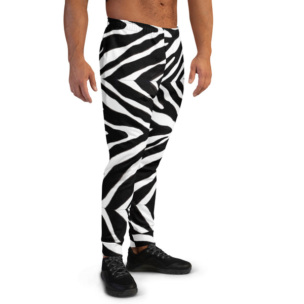 White Zebra Print Men's Joggers, Zebra Animal Striped Print Sweatpants For Men, Modern Slim-Fit Designer Ultra Soft & Comfortable Men's Joggers, Men's Jogger Pants-Made in EU/MX (US Size: XS-3XL)
