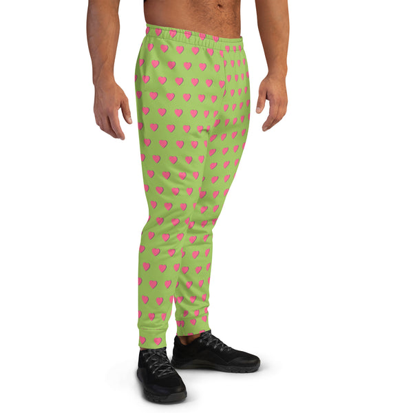 Pink Hearts Green Men's Joggers, Valentine's Day Print Sweatpants For Men, Modern Slim-Fit Designer Ultra Soft & Comfortable Men's Joggers, Men's Jogger Pants-Made in EU/MX (US Size: XS-3XL) Heart Joggers, Performance Jogger Pants For Men 