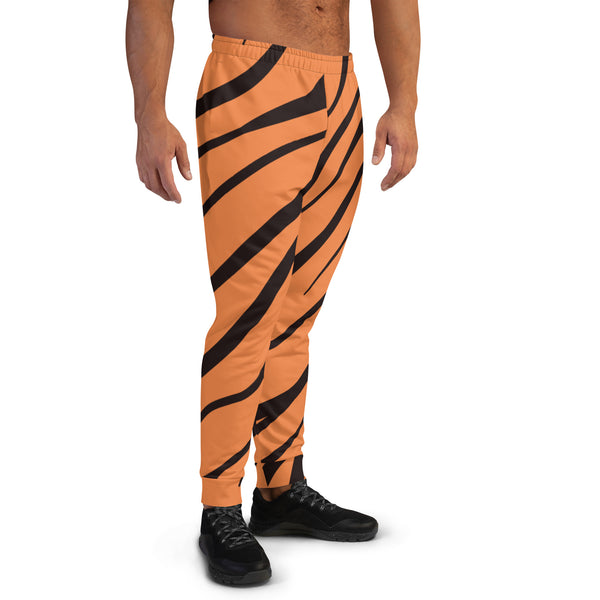 Orange Tiger Striped Men's Joggers, Best Premium Tiger Stripe Rave Festival Modern Casual Minimalist Slim-Fit Designer Ultra Soft & Comfortable Men's Joggers, Men's Jogger Pants-Made in USA/EU/MX (US Size: XS-3XL) Tiger Sweatpants Mens, Tiger Print Pants, Tiger Striped Pants 80s Style, Tiger Print Pants Outfit