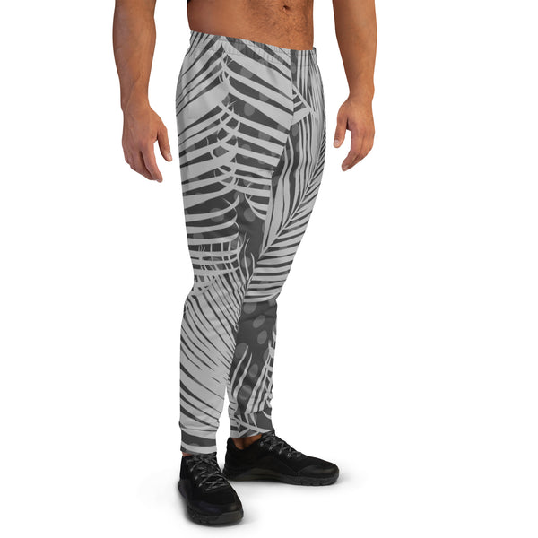 Grey Palm Leaves Men's Joggers, Tropical Leaf Print Designer Best Quality Rave Party Gay-Friendly Designer Ultra Soft & Comfortable Men's Joggers, Men's Jogger Pants-Made in USA/MX/EU (US Size: XS-3XL)
