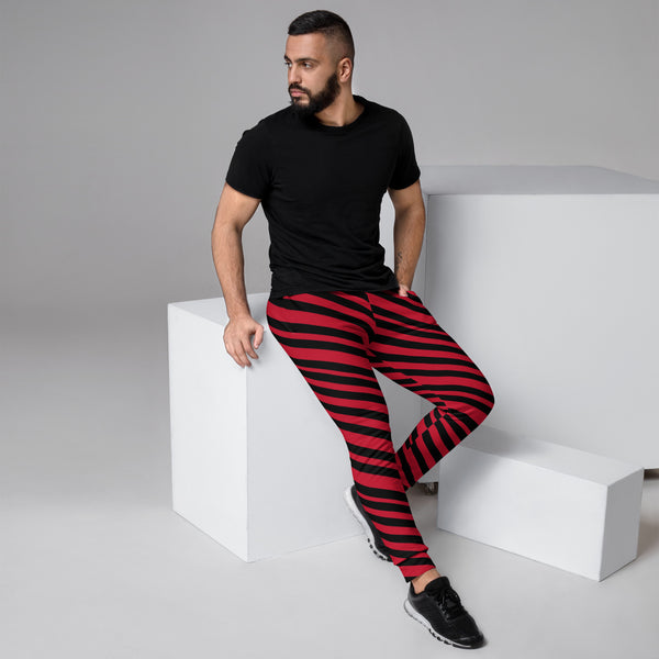 Black Red Stripes Men's Joggers, Diagonally Striped Designer Colorful Best Quality Rave Party Gay-Friendly Designer Ultra Soft & Comfortable Men's Joggers, Men's Jogger Pants-Made in USA/MX/EU (US Size: XS-3XL)