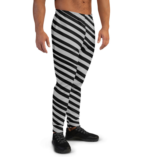 Black Grey Stripes Men's Joggers, Diagonally Striped Designer Colorful Best Quality Rave Party Gay-Friendly Designer Ultra Soft & Comfortable Men's Joggers, Men's Jogger Pants-Made in USA/MX/EU (US Size: XS-3XL)