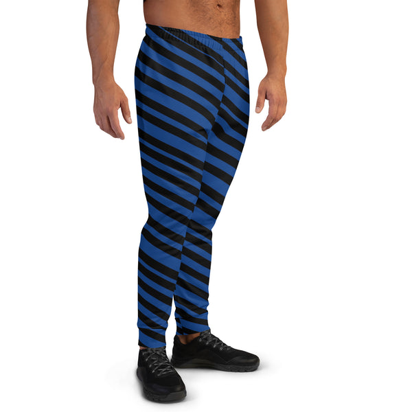 Black Blue Stripes Men's Joggers, Diagonally Striped Designer Colorful Best Quality Rave Party Gay-Friendly Designer Ultra Soft & Comfortable Men's Joggers, Men's Jogger Pants-Made in USA/MX/EU (US Size: XS-3XL)