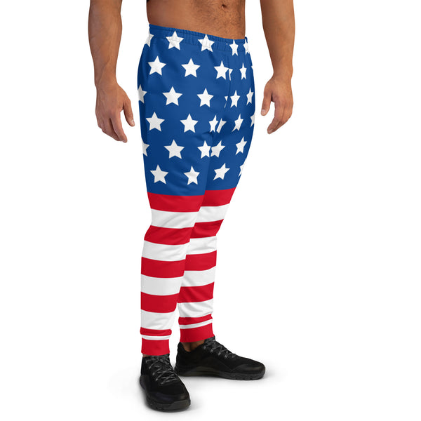 American Flag Print Men's Joggers, Classic Patriotic US Style American Flag Casual Minimalist Slim-Fit Designer Ultra Soft & Comfortable Men's Joggers, Men's Jogger Pants-Made in USA/EU/MX (US Size: XS-3XL) American Flag Pants, American Flag Sweat Pants, USA Flag Joggers, Men's Sweatpants With American Flag Print Patriotic Pants, American Flag Pants Mens 