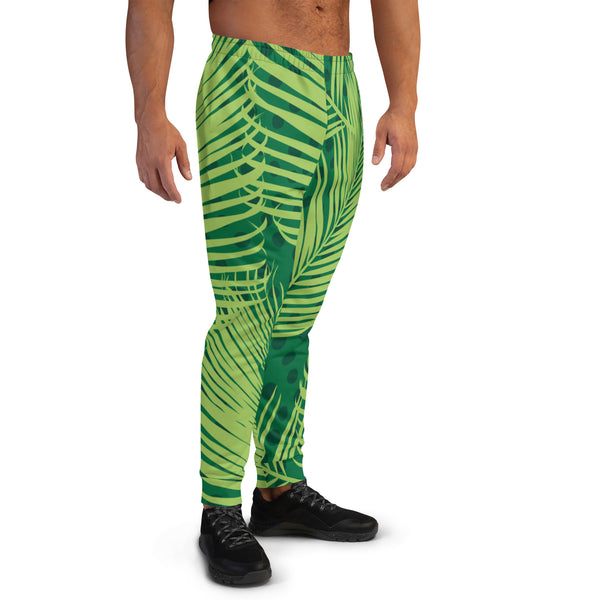 Green Tropical Leaf Men's Joggers, Hawaiian Style Tropical Leaf Print Designer Colorful Best Quality Rave Party Gay-Friendly Designer Ultra Soft & Comfortable Men's Joggers, Men's Jogger Pants-Made in USA/MX/EU (US Size: XS-3XL)