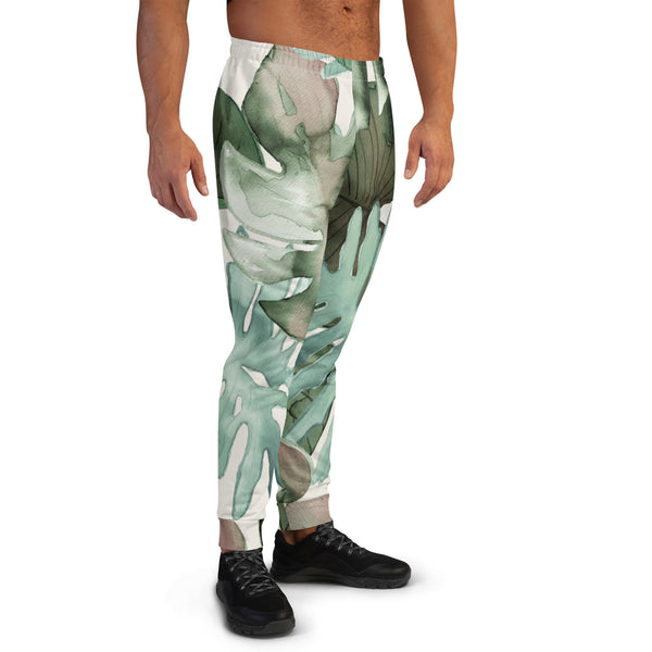Tropical Watercolor Print Men's Joggers, Tropical Leaves Print Best Slim-Fit Designer Ultra Soft & Comfortable Men's Joggers, Men's Jogger Pants-Made in USA/EU/MX (US Size: XS-3XL) 