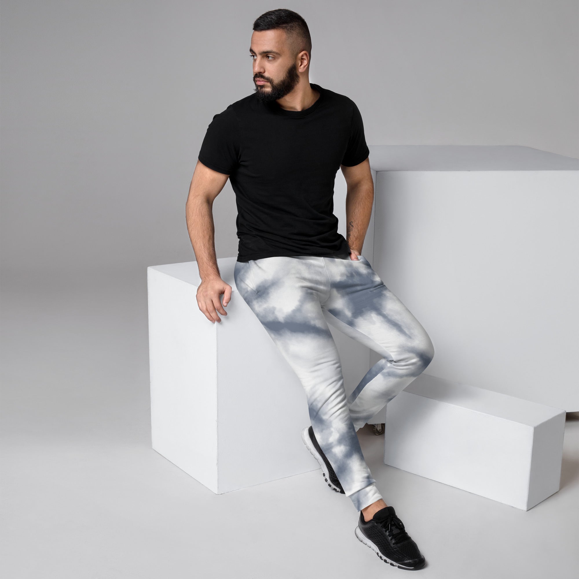 Grey White Abstract Men's Joggers, Tie Dye Casual Minimalist Slim-Fit Designer Ultra Soft & Comfortable Men's Joggers, Men's Jogger Pants-Made in USA/EU/MX (US Size: XS-3XL) 