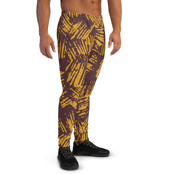 Yellow Brown Abstract Men's Joggers, Abstract Afro Style Print Designer Premium Sweatpants For Men - Made in USA/EU/MX