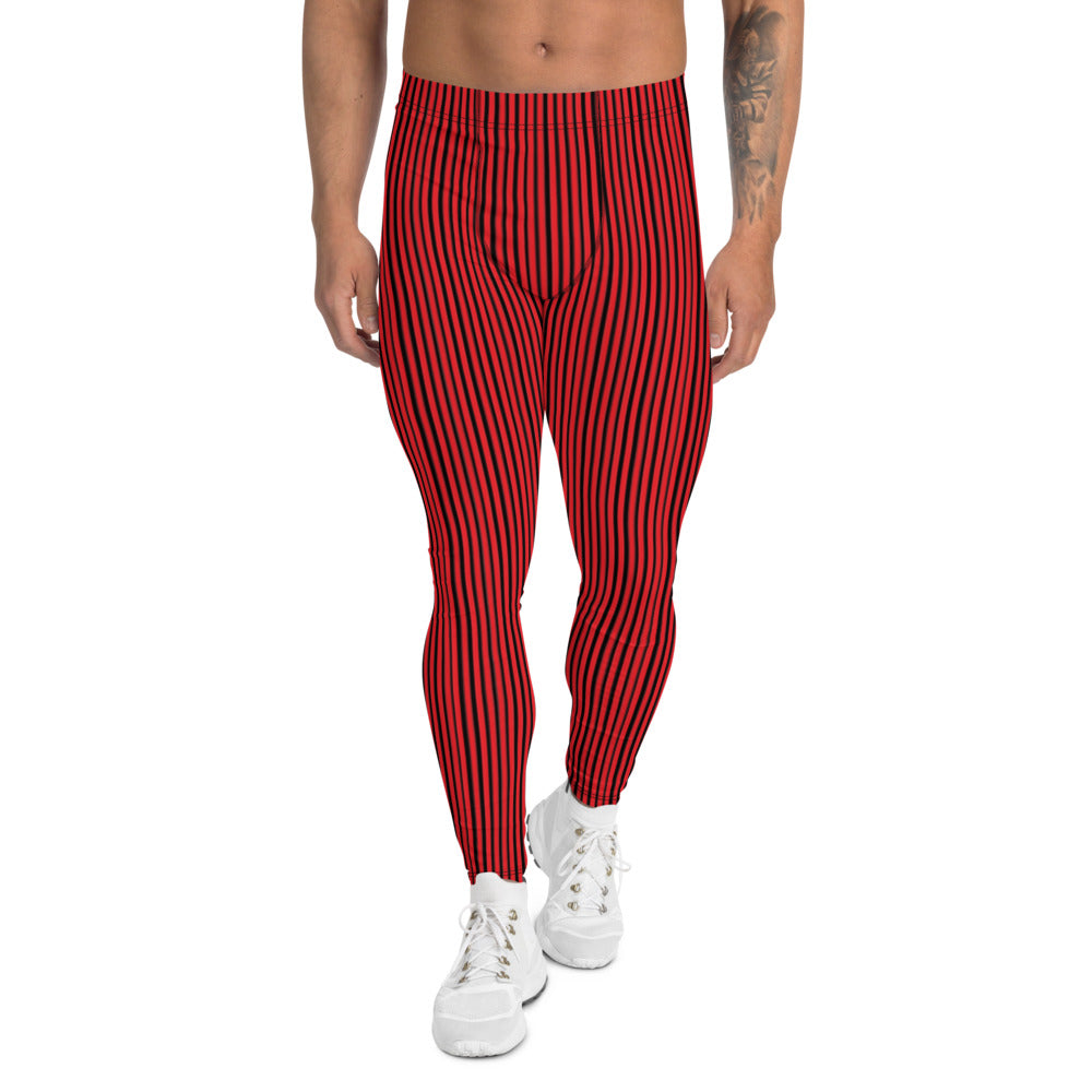 Red Black Striped Men's Leggings-Heidikimurart Limited -XS-Heidi Kimura Art LLC Red Black Striped Men's Leggings, Modern Stripes Minimalist Print Sexy Meggings Men's Workout Gym Tights Leggings, Men's Compression Tights Pants - Made in USA/ EU/ MX (US Size: XS-3XL) 