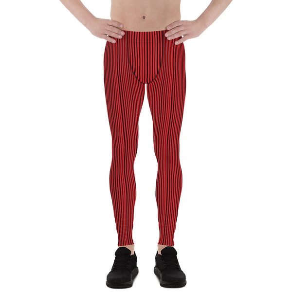 Red Black Striped Men's Leggings-Heidikimurart Limited -Heidi Kimura Art LLC Red Black Striped Men's Leggings, Modern Stripes Minimalist Print Sexy Meggings Men's Workout Gym Tights Leggings, Men's Compression Tights Pants - Made in USA/ EU/ MX (US Size: XS-3XL) 