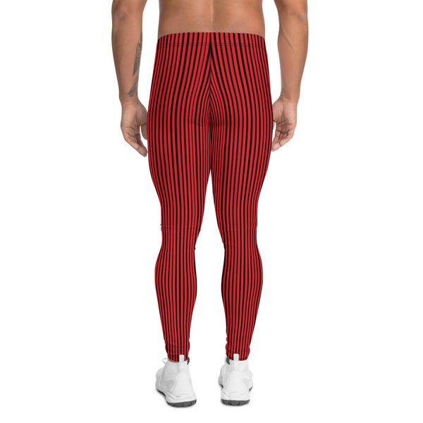 Red Black Striped Men's Leggings-Heidikimurart Limited -Heidi Kimura Art LLC Red Black Striped Men's Leggings, Modern Stripes Minimalist Print Sexy Meggings Men's Workout Gym Tights Leggings, Men's Compression Tights Pants - Made in USA/ EU/ MX (US Size: XS-3XL) 