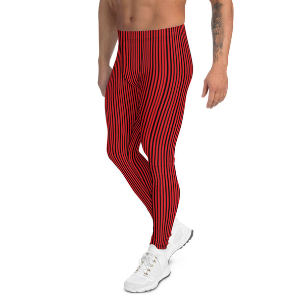 Red Black Striped Men's Leggings-Heidikimurart Limited -Heidi Kimura Art LLCRed Black Striped Men's Leggings, Modern Stripes Minimalist Print Sexy Meggings Men's Workout Gym Tights Leggings, Men's Compression Tights Pants - Made in USA/ EU/ MX (US Size: XS-3XL) 