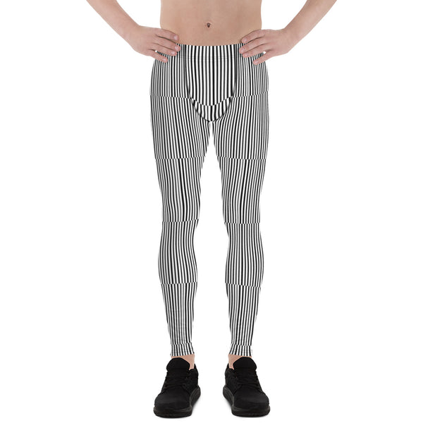 Fun Stripes Men's Leggings-Heidikimurart Limited -Heidi Kimura Art LLCFun Stripes Men's Leggings, Black White Vertical Striped Print Best Chic Sexy Meggings Men's Workout Gym Tights Leggings, Men's Compression Tight Pants - Made in USA/ EU/ MX (US Size: XS-3XL) 