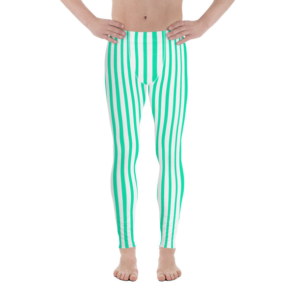 Turquoise Blue Stripes Men's Leggings-Heidikimurart Limited -Heidi Kimura Art LLC Turquoise Blue Stripes Men's Leggings, Modern Vertically Stripes Sexy Meggings Men's Workout Gym Tights Leggings, Men's Compression Tights Pants - Made in USA/ EU/ MX (US Size: XS-3XL) 
