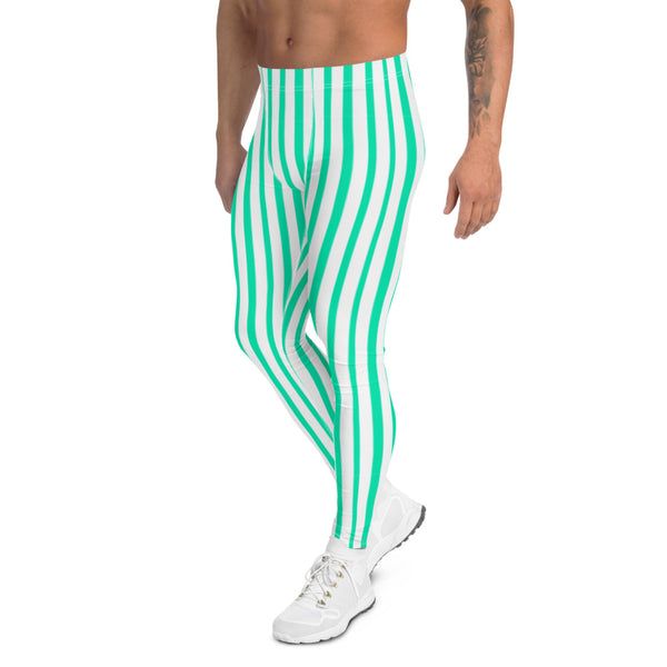 Turquoise Blue Stripes Men's Leggings-Heidikimurart Limited -Heidi Kimura Art LLC Turquoise Blue Stripes Men's Leggings, Modern Vertically Stripes Sexy Meggings Men's Workout Gym Tights Leggings, Men's Compression Tights Pants - Made in USA/ EU/ MX (US Size: XS-3XL) 