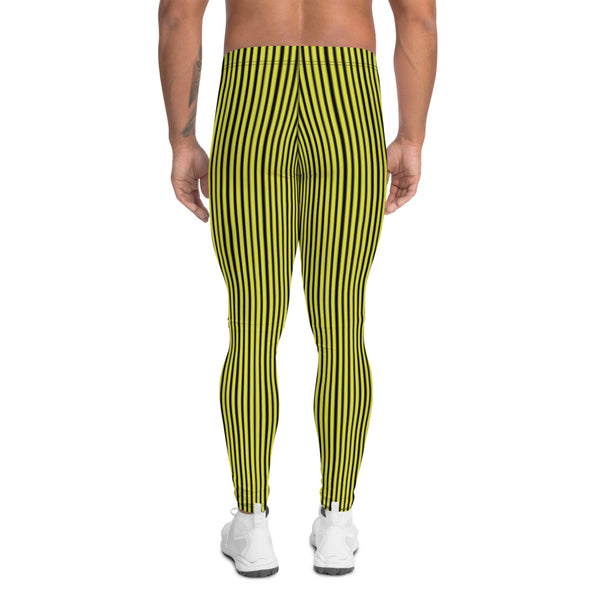 Black Yellow Men's Leggings, Vertically Striped Circus Designer Modern Print Sexy Meggings Men's Workout Gym Tights Leggings, Men's Compression Tights Pants - Made in USA/ EU/ MX (US Size: XS-3XL) 