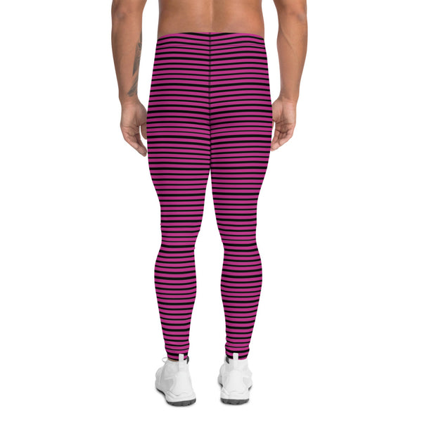 Pink Striped Men's Leggings, Modern Horizontally Stripes Designer Print Sexy Meggings Men's Workout Gym Tights Leggings, Men's Compression Tights Pants - Made in USA/ EU/ MX (US Size: XS-3XL) 