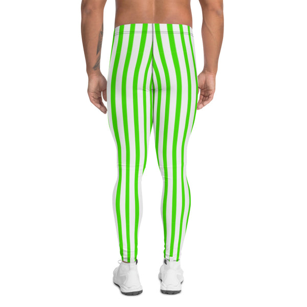Green Striped Men's Leggings, White Green Vertical Stripes Circus Designer Modern Print Sexy Meggings Men's Workout Gym Tights Leggings, Men's Compression Tights Pants - Made in USA/ EU/ MX (US Size: XS-3XL) 