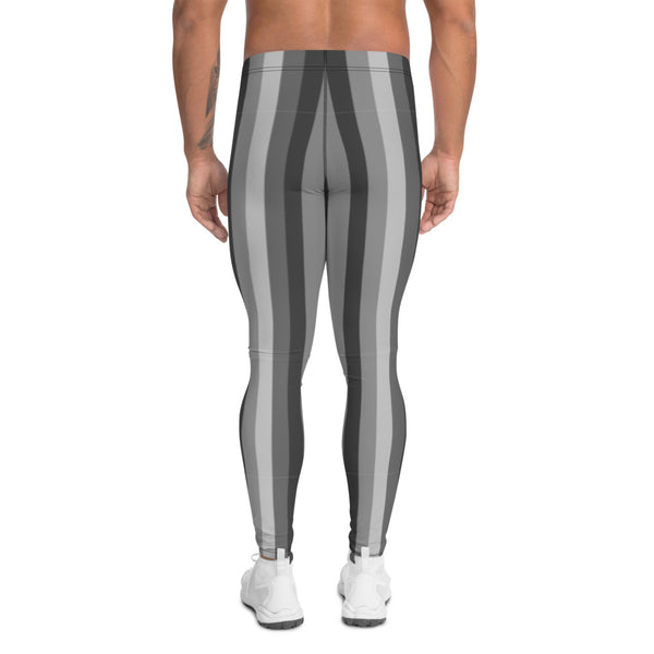 Grey Vertically Striped Men's Leggings, Modern Stripes Designer Print Sexy Meggings Men's Workout Gym Tights Leggings, Men's Compression Tights Pants - Made in USA/ EU/ MX (US Size: XS-3XL) 