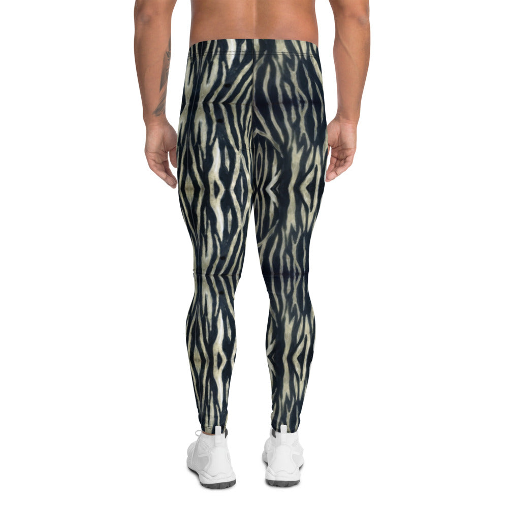 Black White Tiger Men's Leggings, Animal Stripes Print Designer ...