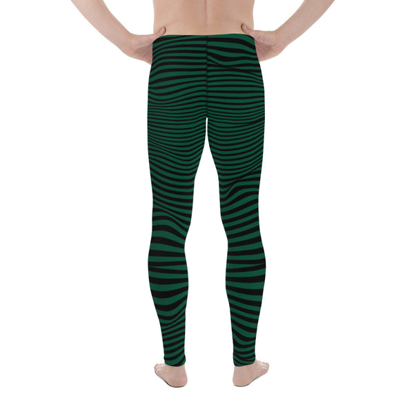 Green Meshed Abstract Men's Leggings, Best Modern Striped Minimalist Premium Designer Print Sexy Meggings Men's Workout Gym Tights Leggings, Men's Compression Tights Pants - Made in USA/ EU/ MX (US Size: XS-3XL) 