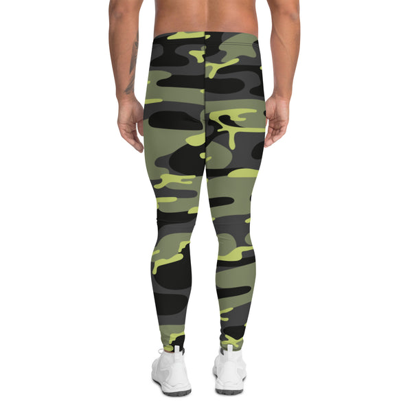 Green Camouflaged Men's Leggings, Army Camouflage Military Print Premium Quality Designer Print Sexy Meggings Men's Workout Gym Tights Leggings, Men's Compression Tights Pants - Made in USA/ EU/ MX (US Size: XS-3XL) 