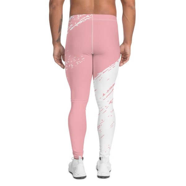 Pink White Abstract Men's Leggings, Best Modern Minimalist Premium Designer Print Sexy Meggings Men's Workout Gym Tights Leggings, Men's Compression Tights Pants - Made in USA/ EU/ MX (US Size: XS-3XL) 