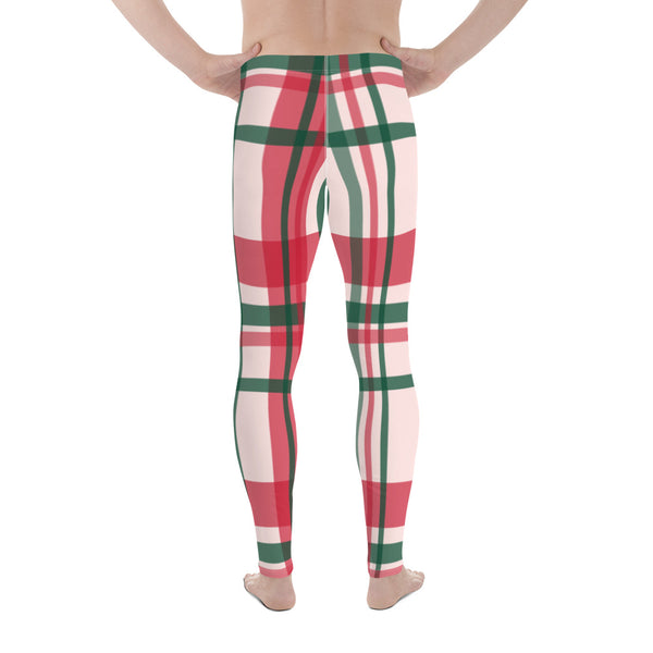 Red Green Plaid Print Meggings, Tartan Style Christmas Plaid Print Premium Men's Leggings Tights Yoga Pants - Made in USA/ Europe/ Mexico, Red Plaid Printed Men's Leggings, Stretchable Men's Plaid Leggings, Compression Pants, Running Tights (US Size: XS-3XL) 