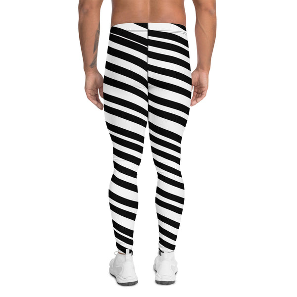 Black White Striped Men's Leggings, Modern Diagonally Stripes Designer Print Sexy Meggings Men's Workout Gym Tights Leggings, Men's Compression Tights Pants - Made in USA/ EU/ MX (US Size: XS-3XL) 