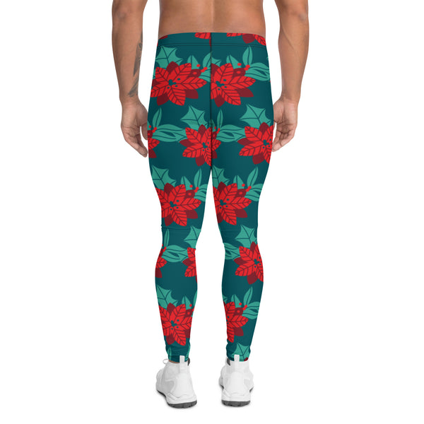 Green Christmas Floral Men's Leggings, Green & Red Xmas Flower Xmas Party Holiday Men's Leggings, Designer Premium Quality Men's Workout Gym Tights Leggings, Men's Compression Tights Pants - Made in USA/ EU/ MX (US Size: XS-3XL) 