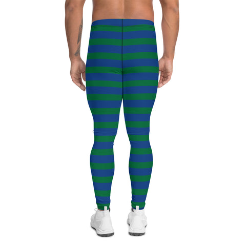 Green Blue Striped Men's Leggings, Green Blue Horizontally Striped Christmas Style Print Sexy Men's Leggings Pants Men Tights- Made in USA/EU/MX (US Size: XS-3XL) Blue Green Striped Men's Leggings | Santa Claus Mens Christmas Leggings | Meggings Festive Holiday Party Pants | Workout Running Yoga Tights