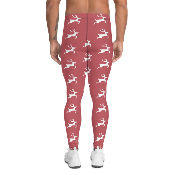 Christmas Festive Reindeer Meggings, Pink Xmas Party Holiday Men's Leggings, Designer Premium Quality Men's Workout Gym Tights Leggings, Men's Compression Tights Pants - Made in USA/ EU/ MX (US Size: XS-3XL) 