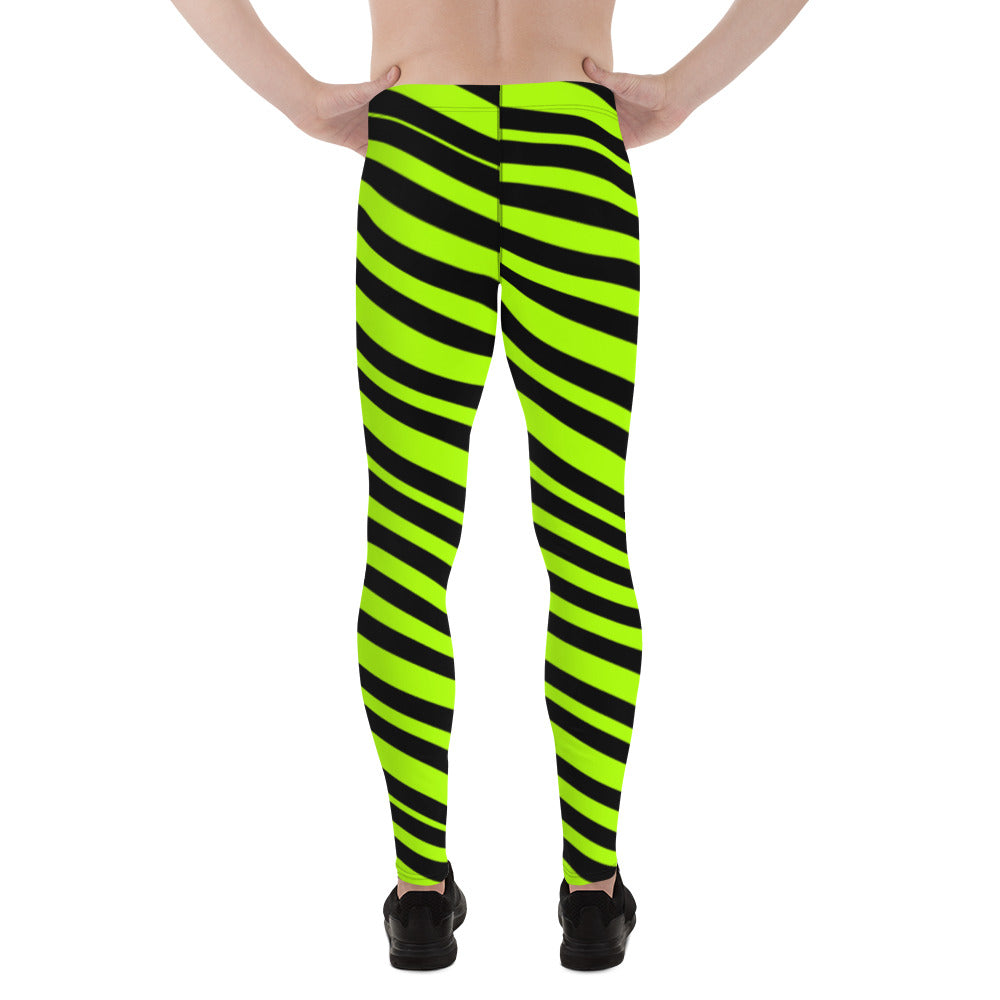 Neon Green Striped Men's Leggings, Diagonal Striped Colors Men's
