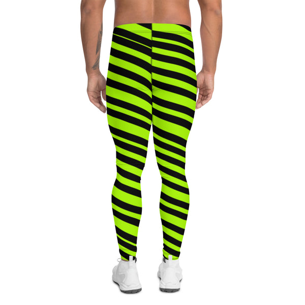 Neon Green Striped Men's Leggings, Diagonal Striped Colors Men's Leggings, Colorful Black Green Stripes Gym Tights For Men - Made in USA/EU/MX