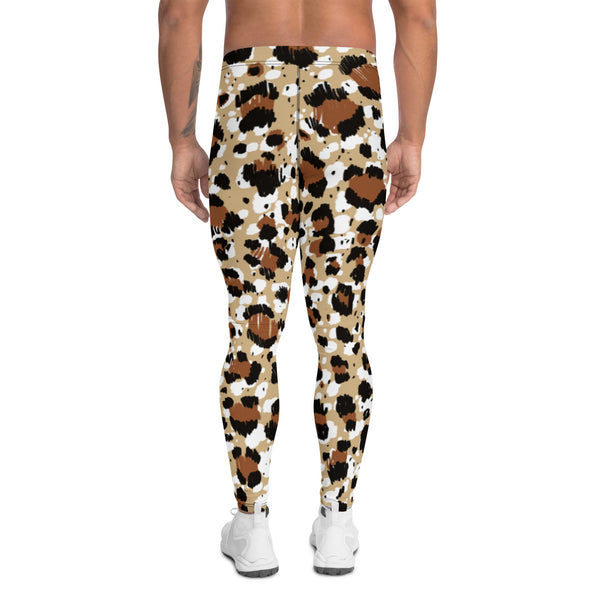 Brown Leopard Print Men's Leggings, Leopard Animal Print Best Premium Running Tights For Men - Made in USA/EU/MX