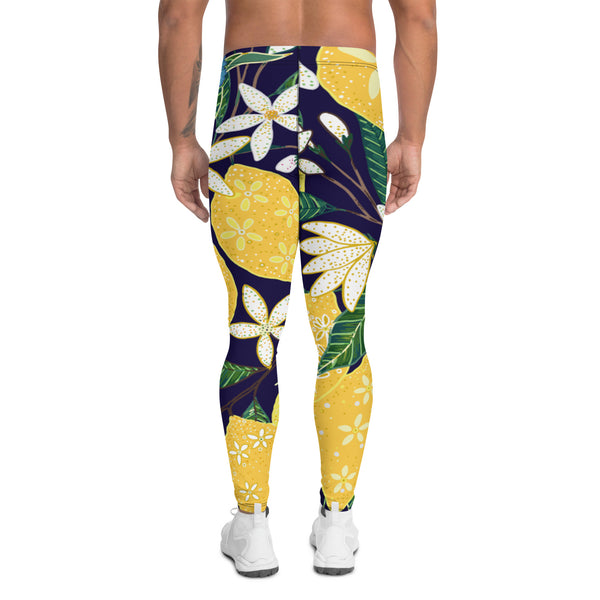 Blue Lemon Floral Men's Leggings, Floral Print Designer Meggings Compression Tights- Made in USA/EU/MX