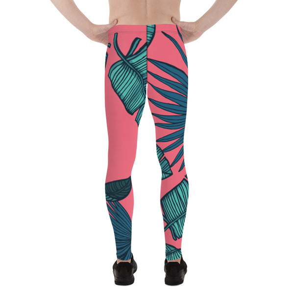 Pink Tropical Leaves Men's Leggings, Green Palm Leaf Men's Tights, Designer Print Sexy Meggings Men's Workout Gym Tights Leggings, Men's Compression Tights Pants - Made in USA/ EU/ MX (US Size: XS-3XL) Leaf Yoga Pants For Men, Tropical Leggings