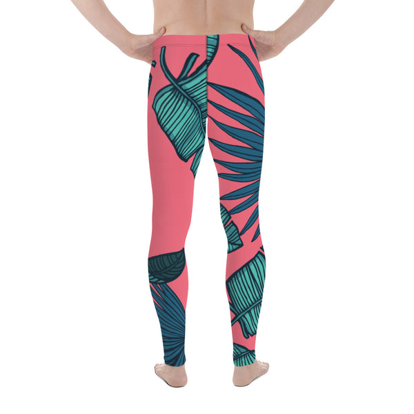 Pink Tropical Leaves Men's Leggings, Green Palm Leaf Men's Sports Running Tights - Made in USA/EU/MX