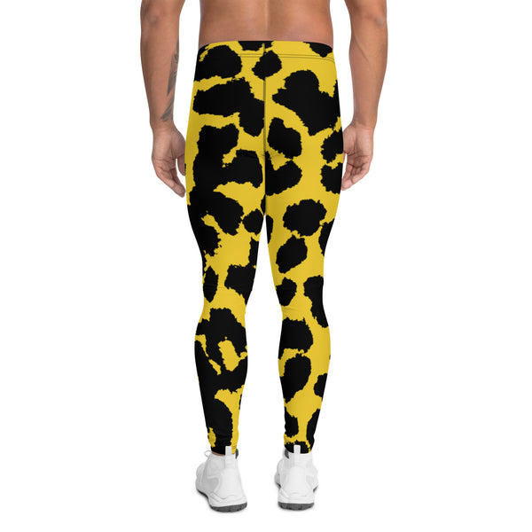 Yellow Leopard Print Men's Leggings, Leopard Animal Print Best Premium Running Tights For Men - Made in USA/EU/MX