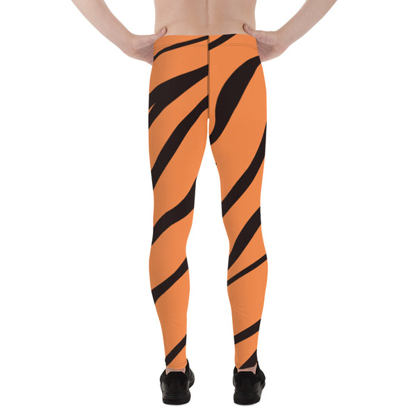 Tiger Striped Orange Men's Leggings, Animal Print Designer Colorful Meggings  Designer Print Sexy Meggings Men's Workout Gym Tights Leggings, Men's Compression Tights Pants - Made in USA/ EU/ MX (US Size: XS-3XL) 