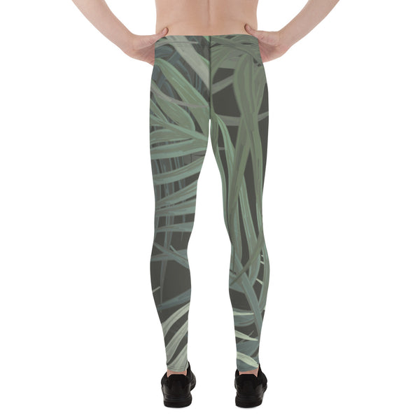 Grey Tropical Men's Leggings, Tropical Leaves Print Designer Print Sexy Meggings Men's Workout Gym Tights Leggings, Men's Compression Tights Pants - Made in USA/ EU/ MX (US Size: XS-3XL) 