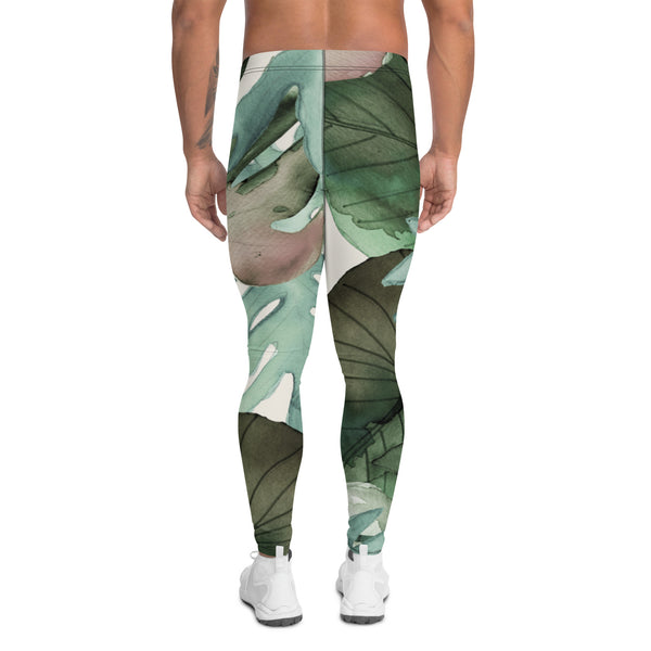 Green Tropical Men's Leggings, Tropical Leaves Print Designer Print Sexy Meggings Men's Workout Gym Tights Leggings, Men's Compression Tights Pants - Made in USA/ EU/ MX (US Size: XS-3XL) 