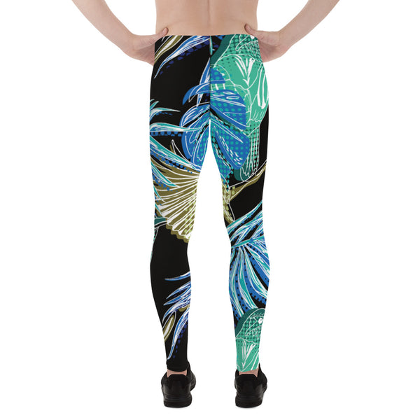 Blue Tropical Men's Leggings, Tropical Leaves Print Designer Print Sexy Meggings Men's Workout Gym Tights Leggings, Men's Compression Tights Pants - Made in USA/ EU/ MX (US Size: XS-3XL) 