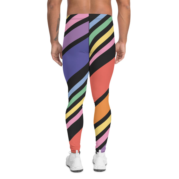 Diagonal Striped Rainbow Men's Leggings, Colorful Best Compression Tights For Men - Made in USA/EU/MX