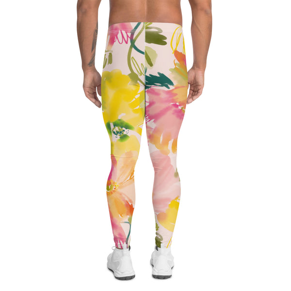 Pink Orange Floral Men's Leggings, Classic Flower Print Designer Print Sexy Meggings Men's Workout Gym Tights Leggings, Men's Compression Tights Pants - Made in USA/ EU/ MX (US Size: XS-3XL) 