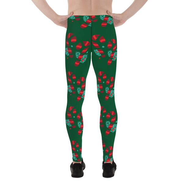 Red Candy Cane Meggings, Green and Red Colorful Christmas Candy Cane Style Gym Tights For Men - Made in USA/EU/MX