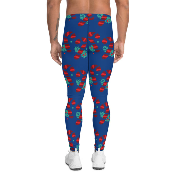 Blue Christmas Candy Men's Leggings, Blue and Red Colorful Christmas Candy Cane Style Gym Tights For Men - Made in USA/EU/MX